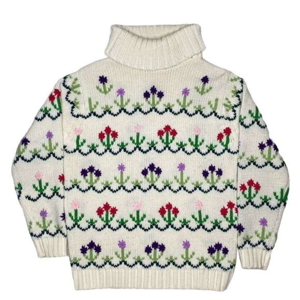 Fully Fashioned Hand Embroidered Floral Turtleneck Sweater: Size Medium